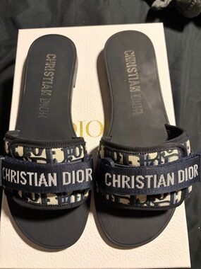Dior Navy and Beige Christian Dior Logo Slide Sandals